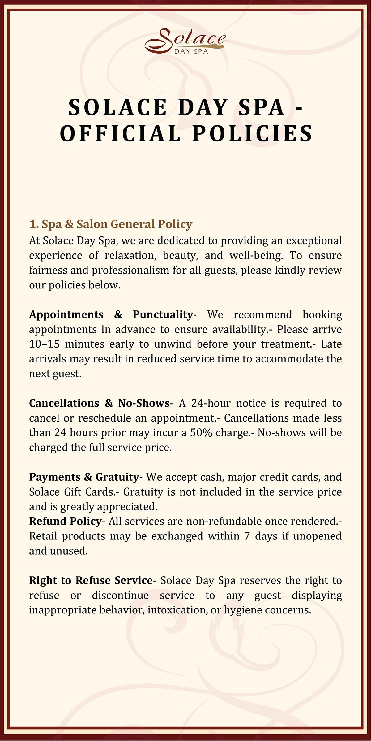 Solace Day Spa - Official Policies