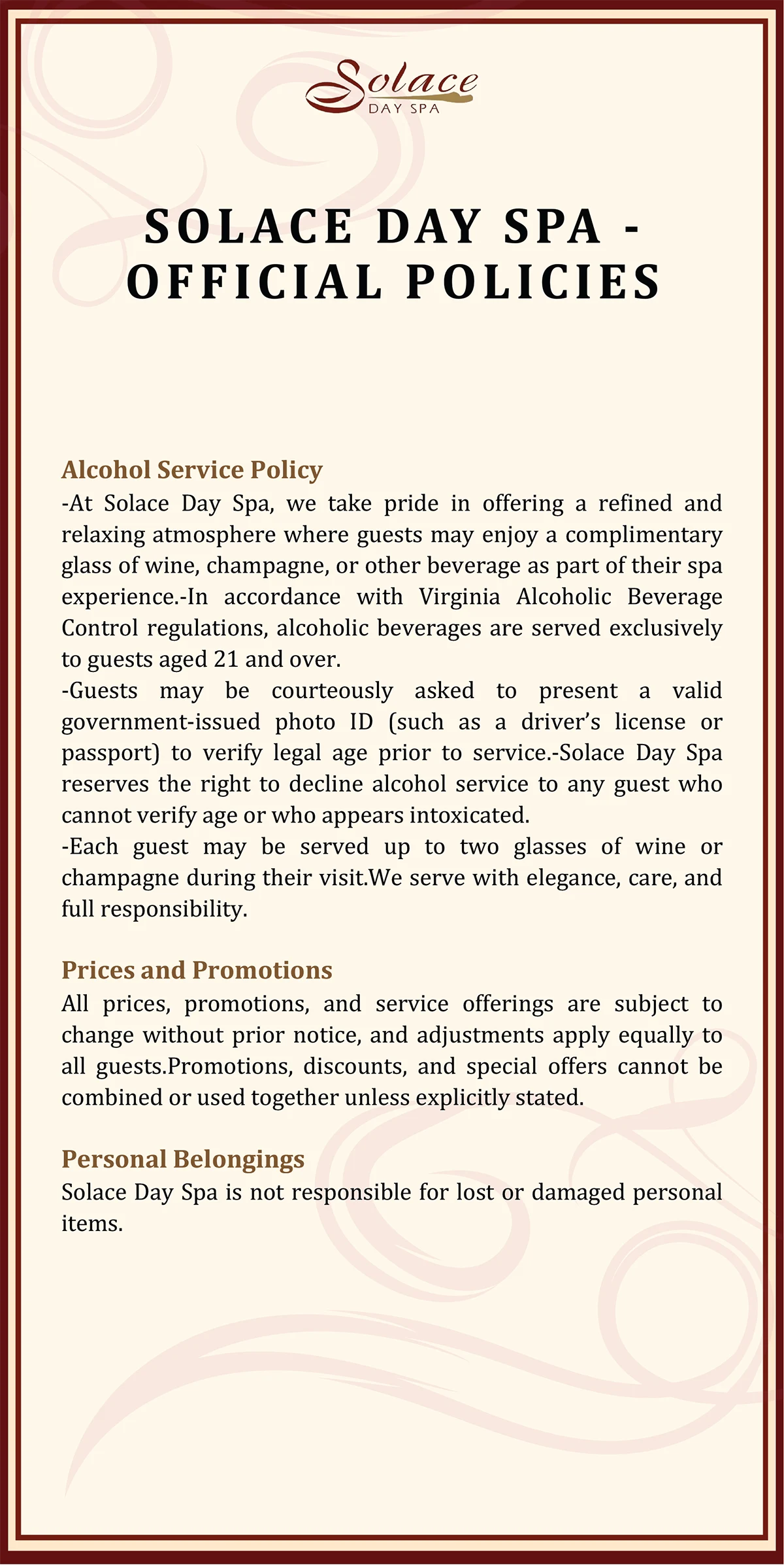 Solace Day Spa - Official Policies