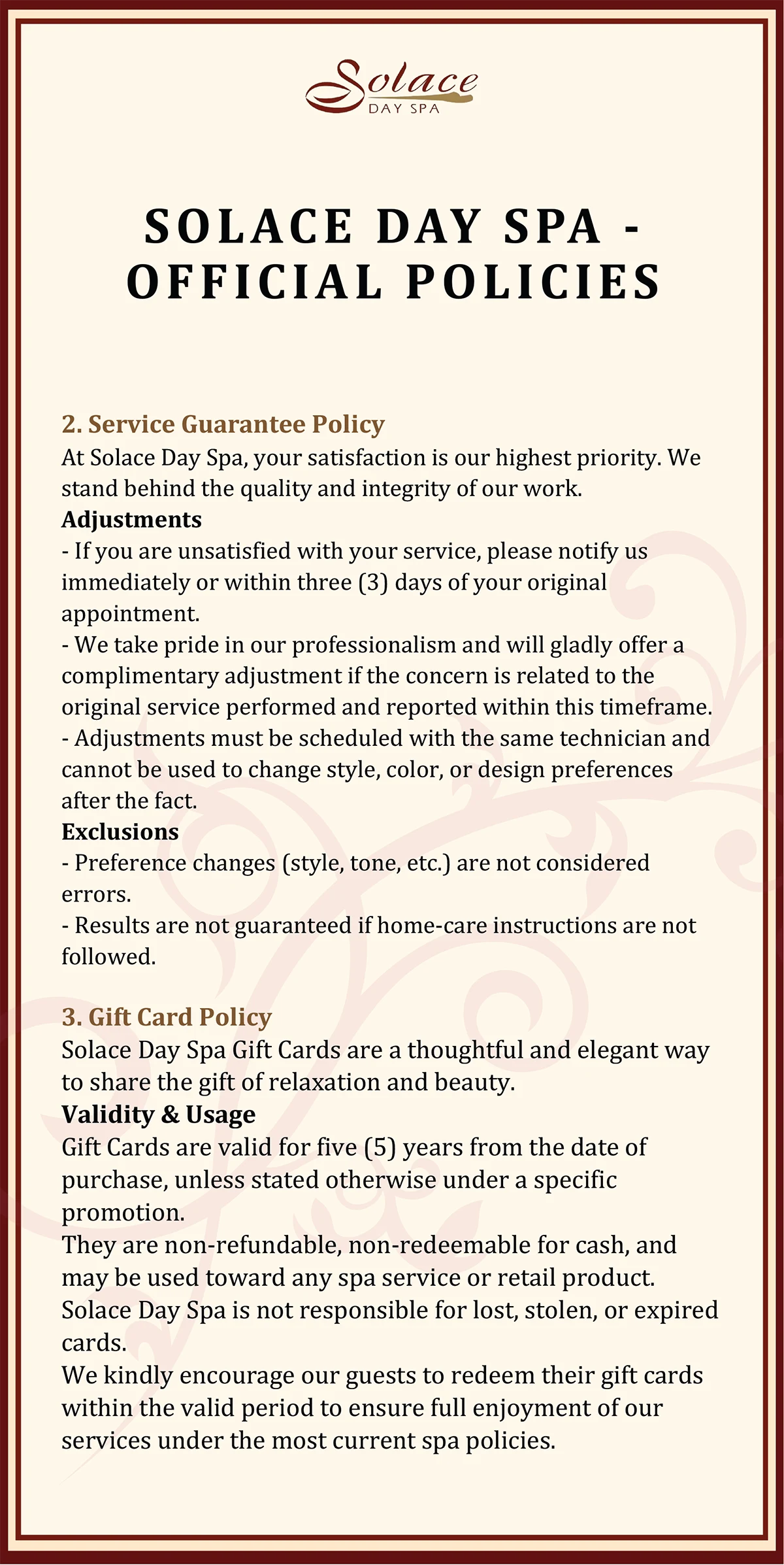 Solace Day Spa - Official Policies